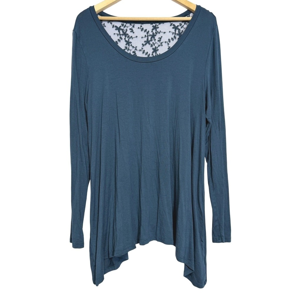 Torrid Top Womens 2X Blue Super Soft Knit Lace Back Long Sleeve Sharkbite Hem